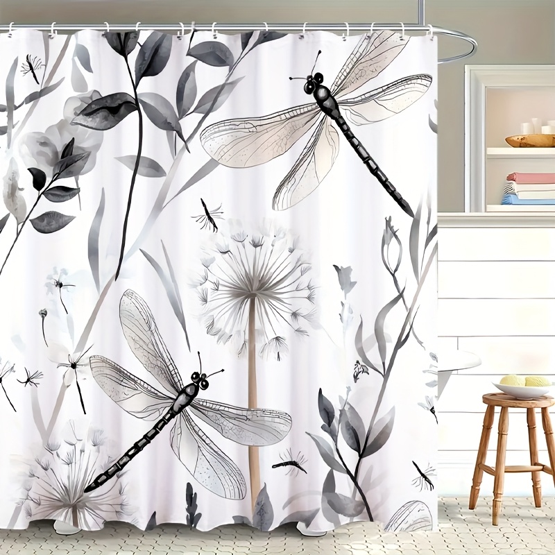 TEMU 1pc Of Shower Curtains Featuring Watercolor Dragonflies And Dandelions In Gray, Black, And White. Made From Durable Polyester Fiber, It Comes
