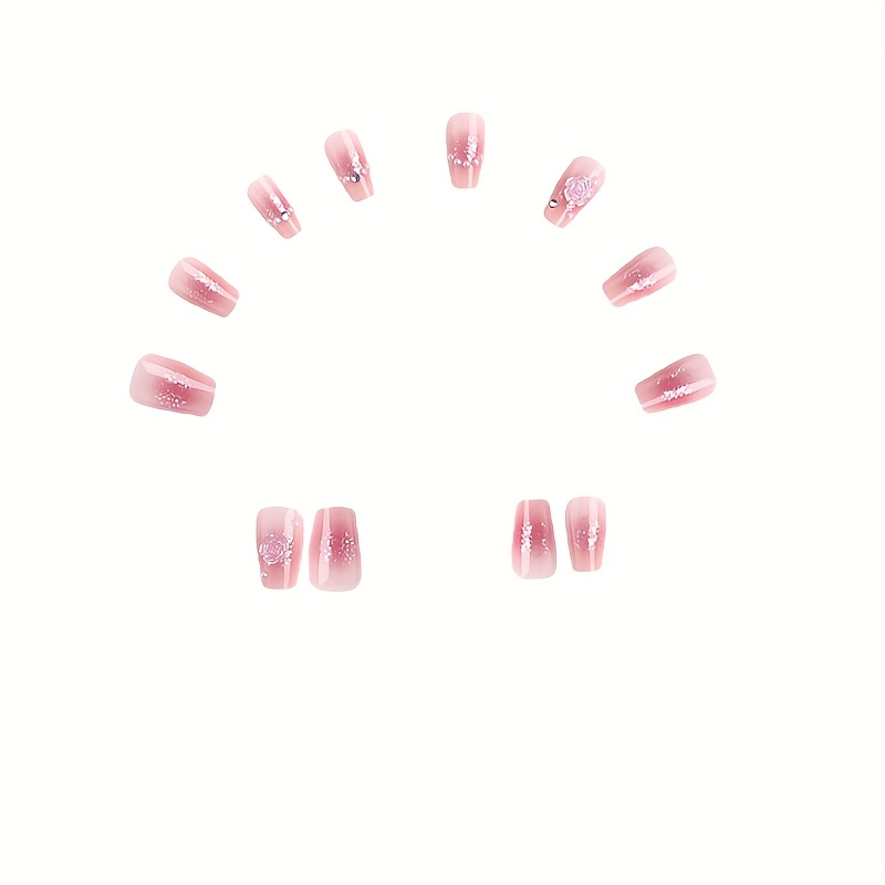 TEMU 24pcs Faux Ongles Roses à Coller, Ongles Faux Cercueil Moyens, avec 3D et Papillons à Coller, Ongles Acryliques Ballerine Couverture Complète,