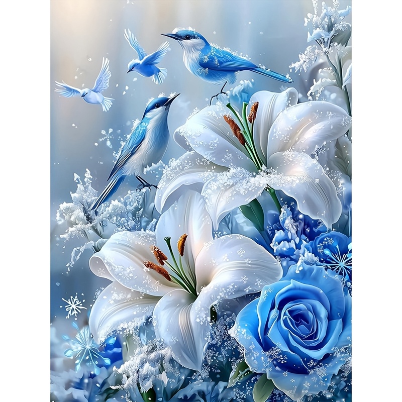 TEMU 1 Kit de Peinture Diamant 5D, Motif de Neige Bleu Glace Oiseau, Ensemble d'Art Diamant Complet en Acrylique Rond Cadre, Artisanat, Art Mural,