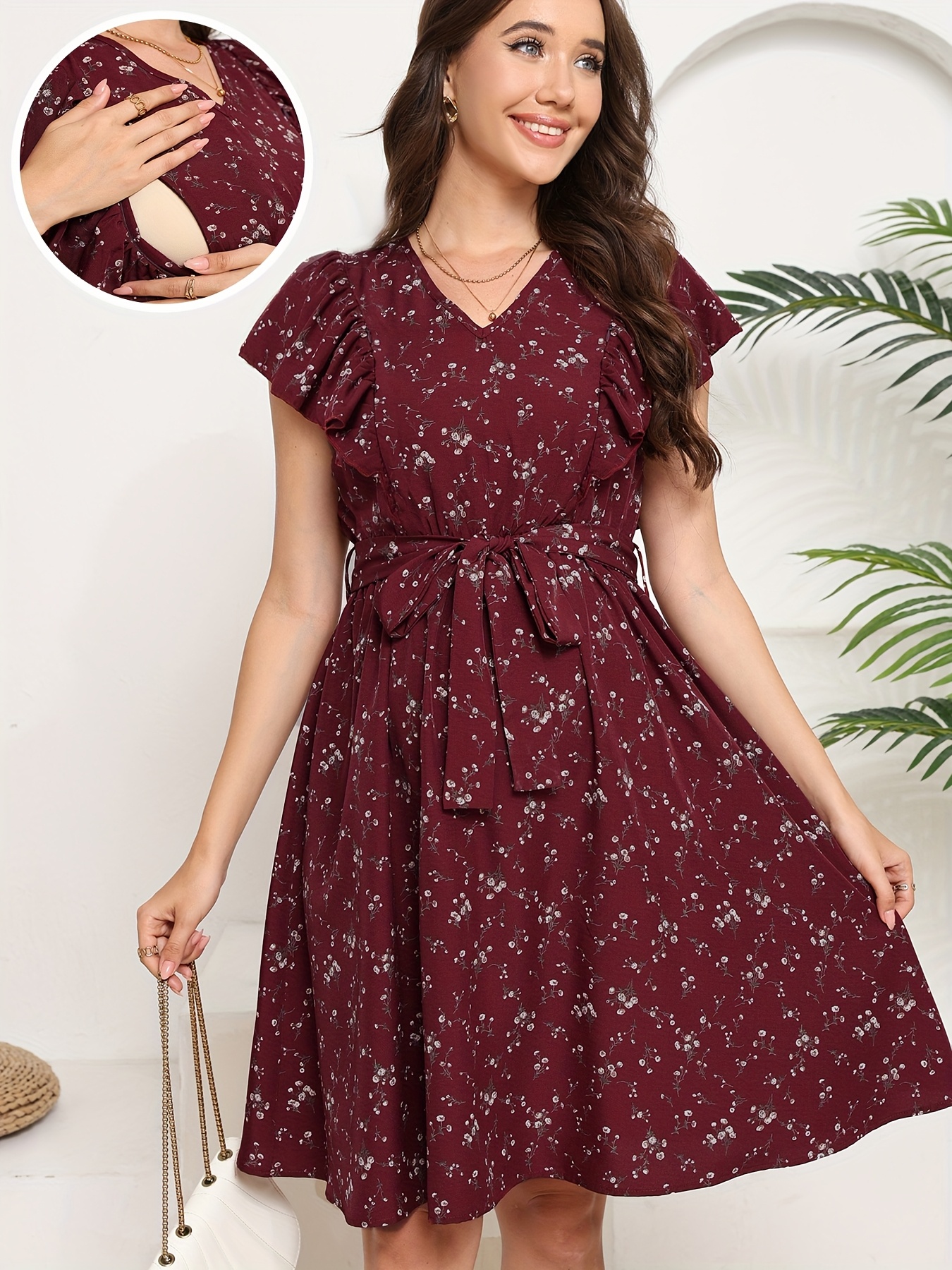 burgundy floral maternity dress Floral V-Neck Long Sleeve Chiffon Maternity Dress TEAL / LARGE