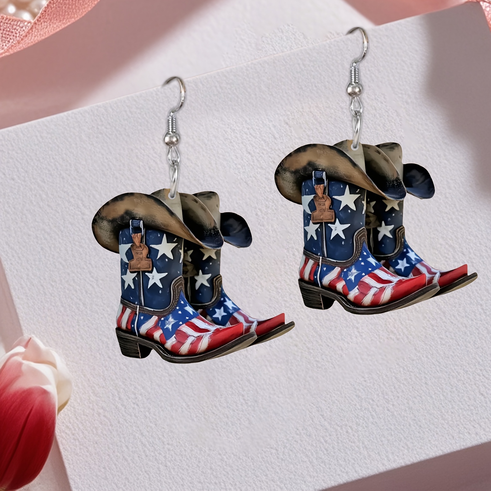 

Chic American Flag Boot Dangle Earrings - 2d Acrylic, Vintage-inspired Fashion Accessory For Women | & Casual Attire