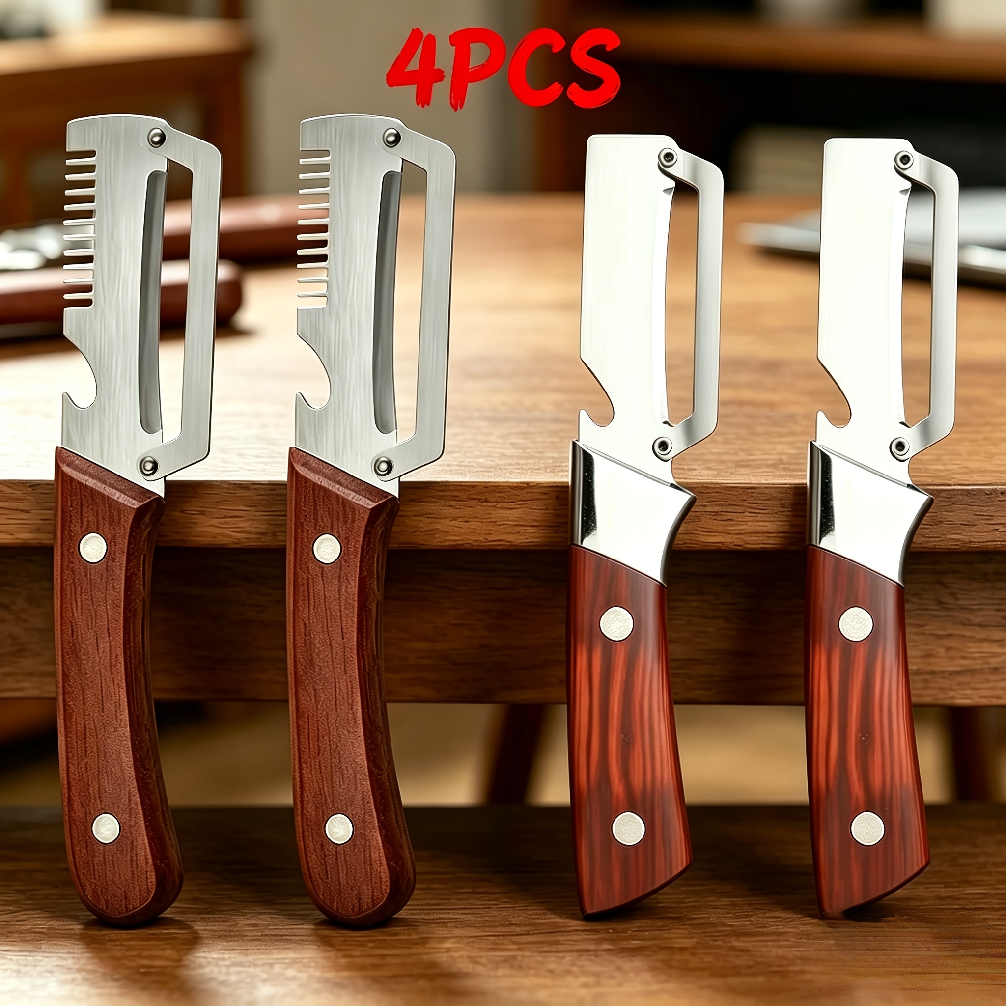 TEMU 2/4pcs 3-in-1 Stainless Steel Peeler With Wooden Handle, Built-in Scallion And Bottle Opener, Kitchen Peeling Tool For Fruits, Pumpkins, &