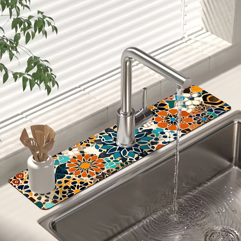 TEMU 1pc Boho Style Patterned Mat Moisture-proof Drain Mat, Durable Polyester Material, Suitable For Kitchen And Bathroom, Diatomium Mud Suction Cup,