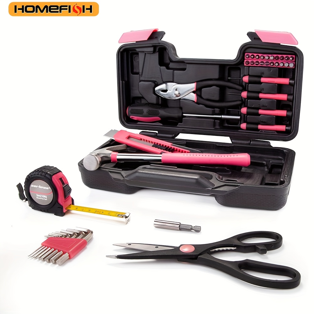 

Homefish 1pc 39pcs All Basic Household Pink Tool Kit For Women - Small Tool Set With Toolbox Great For Home, Garage, Office And College Dormitory Use, Homefish