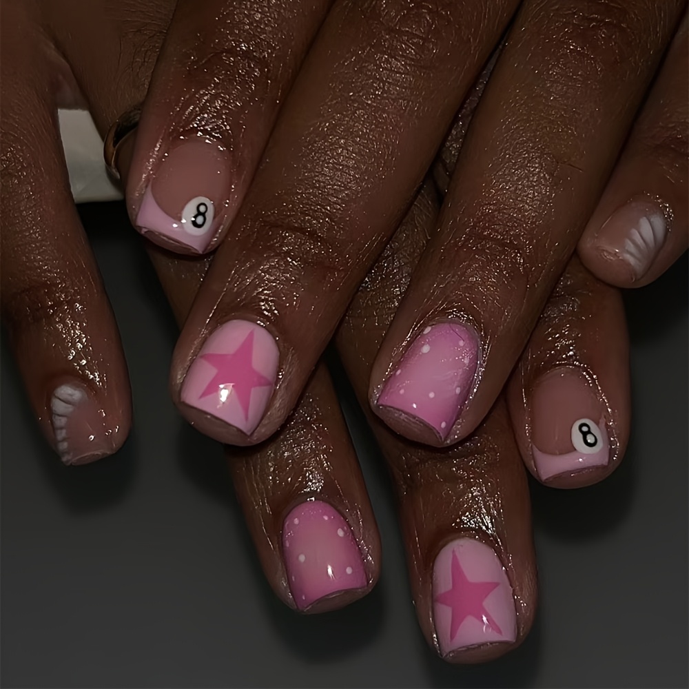TEMU 24 stuks Korte Vierkante Zoete Coole Stijl Roze Nude Gemengde Ster 8 Ball Polka Dot Stijl Energetische Press-On Nagels, Verfrissend Voor Je