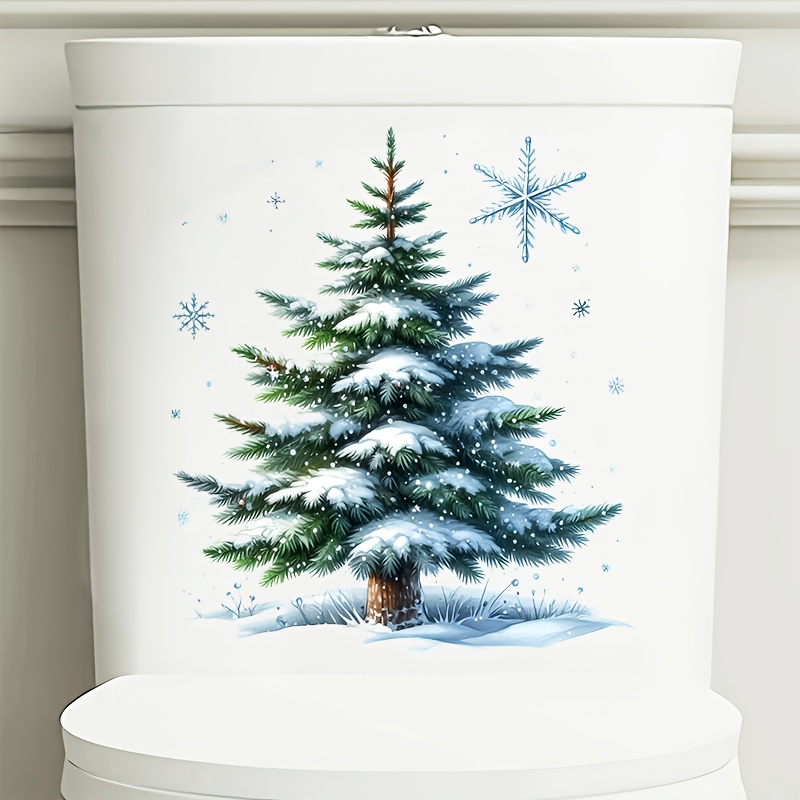 TEMU Autocollants de toilette en PVC auto-adhésifs avec sapin de Noël et de neige pour la décoration de salle de bain, ornés de pins recouverts de