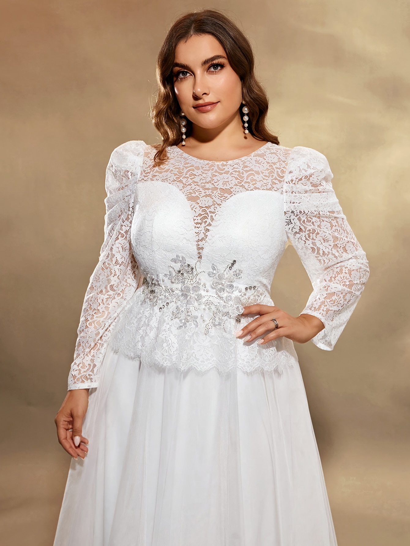 plus size elegant white lace trimmed tulle gown mesh overlay