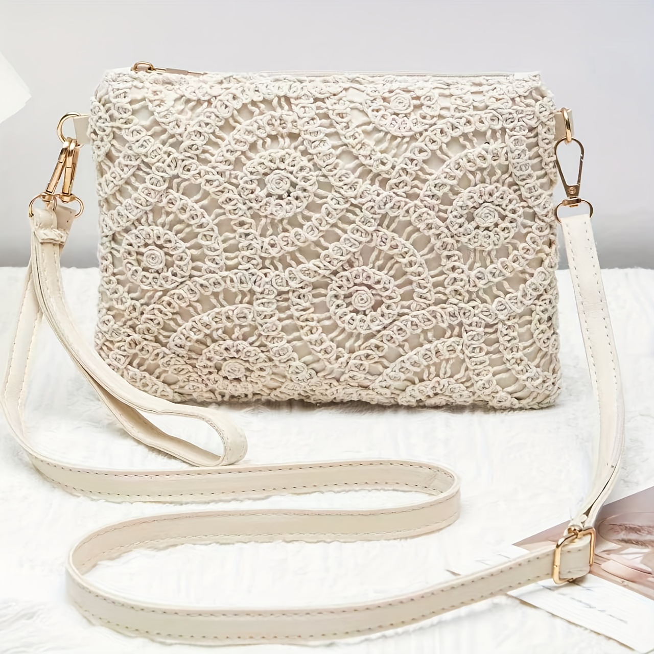 Image of Bohemian Crossbody Bag With Hollow Pattern - Lightweight Zipper Handbag Suitable For Daily Use, Travel & Parties, Interchangeable Strap, - Compact Square Purse, For Teenager