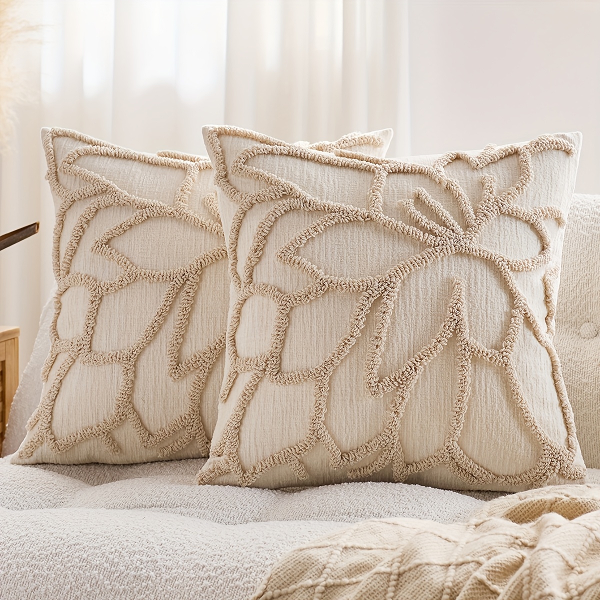 2-pack Tufted Rose Pillow Covers | Embroidered, Comfortable Polyester Covers With Geometric-pattern, Zipper Closure, Suitable For Home/office Use