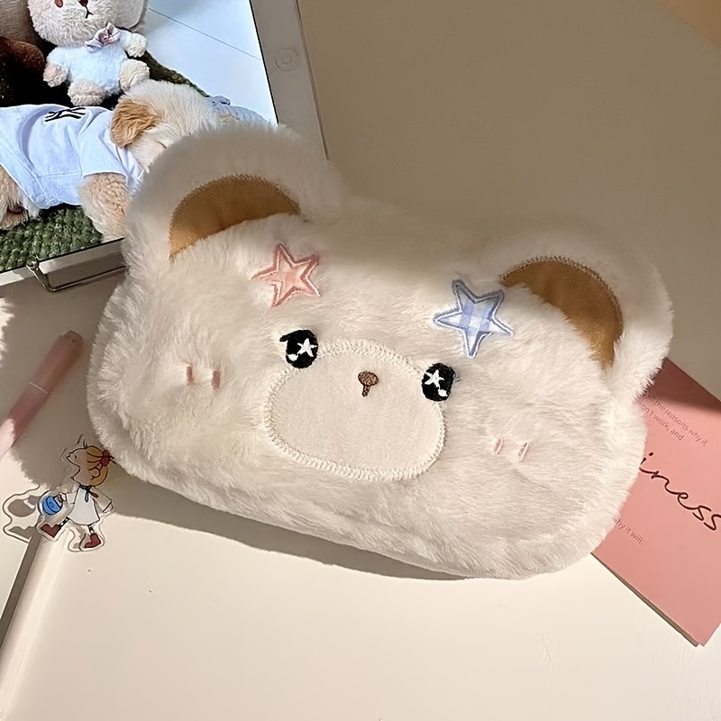TEMU Trousse à crayons en peluche Étoile Mignonne , sac à stylos avec oreilles en peluche, broderie, grande , trousse de papeterie, sac de rangement