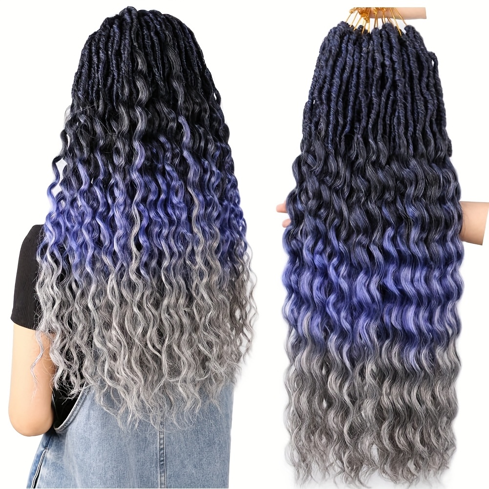 elegant black to blue ombre goddess   locs crochet hair with curly ends soft synthetic deep wave extensions for women high temperature fiber stylish gradient color transition for afro hairstyles