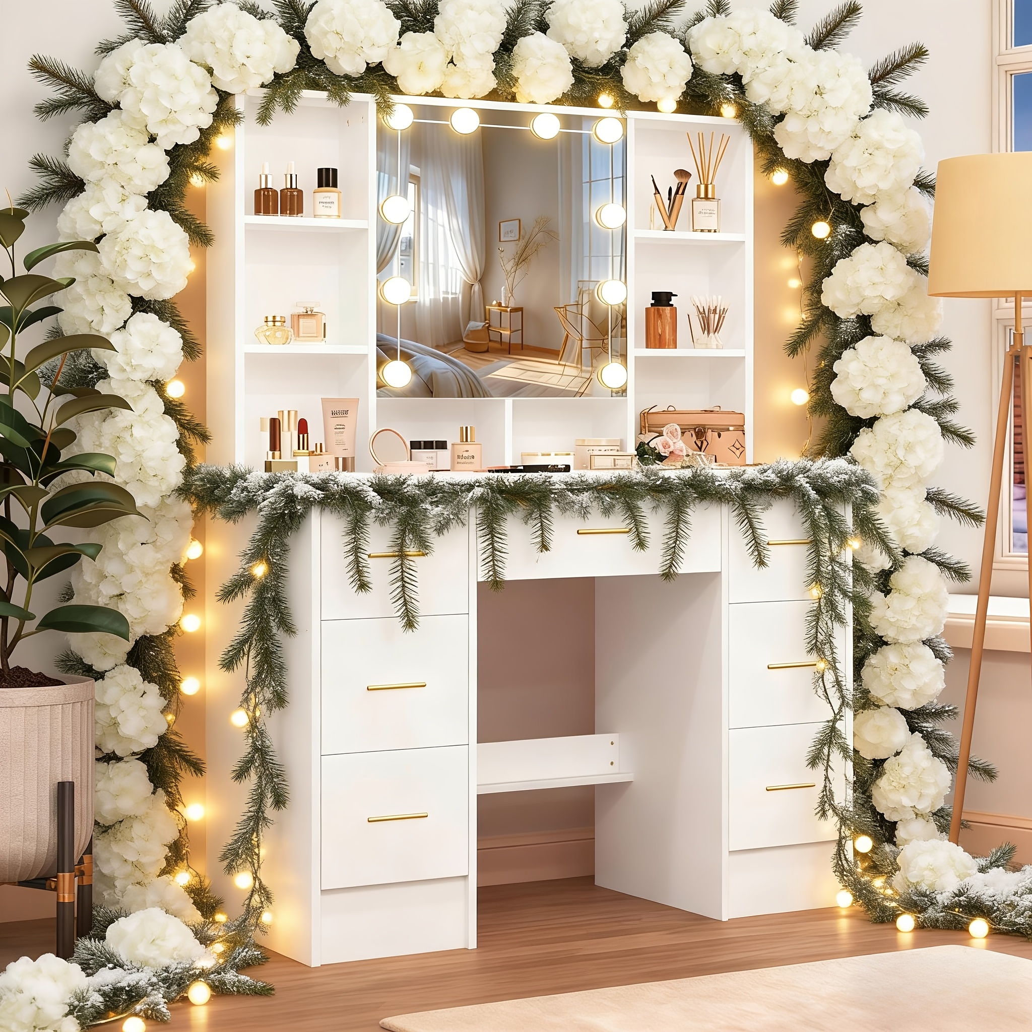 Makeup Vanity with Sliding Mirror and LED Lighting, 3 Modes