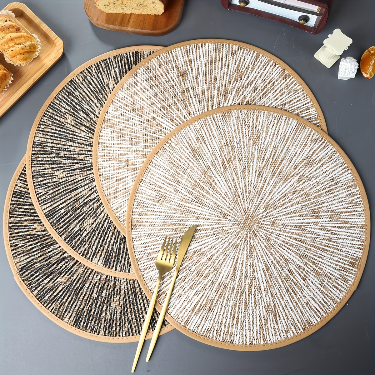 

4-piece Jute Placemats Set With Firework Print - Hand Woven Round Table Mats With Faux Leather Edging, Non-slip, Heat Resistant, Wedding, Dinner Party Decor