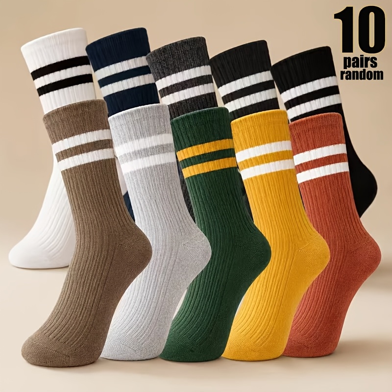 TEMU 10-pair Random Color Double-stripe Mid-tube Socks, Soft And Comfortable Knitted Slouch Socks, High-elasticity Anti-slip Fashionable School-style