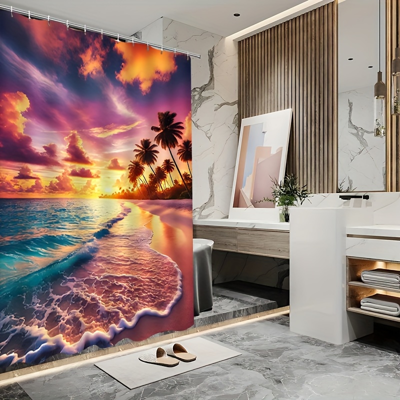 TEMU Jit1pc Tropical Plants Beach Sunset 2d Curtains, Curtains, Shower Curtains, Partitions, Bathroom Curtains Shower Curtains, Shower Curtains Home