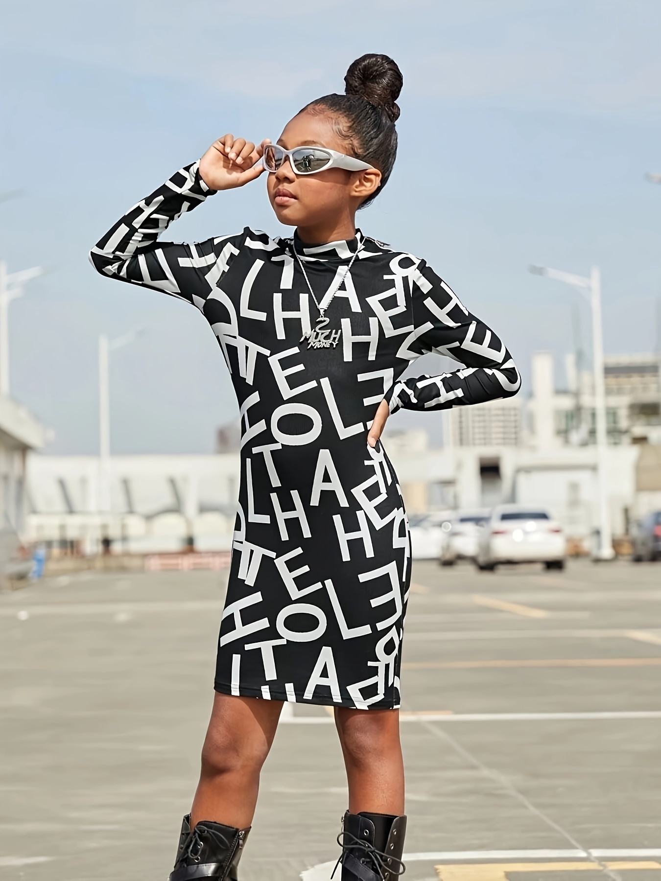 Teen Girls' High Neck Tummy Control Bodycon Dress Stretchy Knit  Knee-Length Long Sleeve with Letter Print, Machine Washable Casual  Spring/Fall