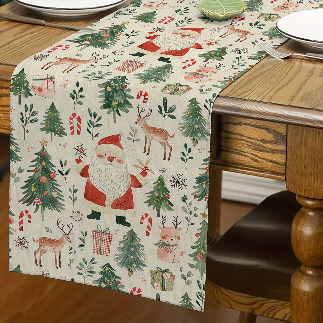 

[customer ] Vintage Santa Claus & Reindeer Linen Table Runner - Christmas & Thanksgiving Decor, Indoor/outdoor Holiday Party Supplies, Christmas Decor