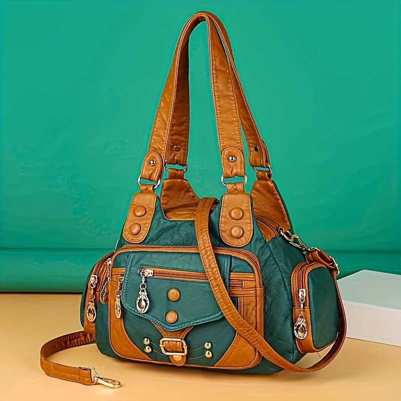 

Vintage Shoulder Bag For Women, Color Contrast Hobo Bag, Y2k Rivet Decor Crossbody Bag, Everyday Handbag Purse