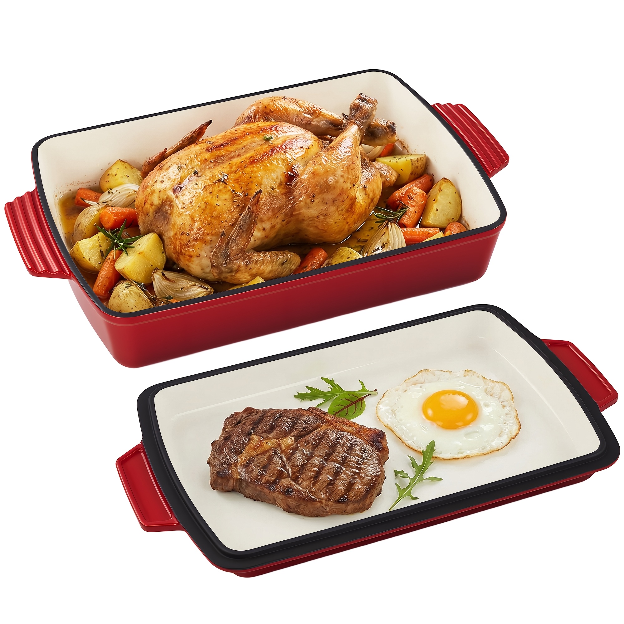 TEMU 4qt Cast Iron Dutch Oven, 2-in-1 Rectangular , Enameled Pots With Lid For Baking Bread, Cooking, And , Durable And Nonstick, Featuring Dual