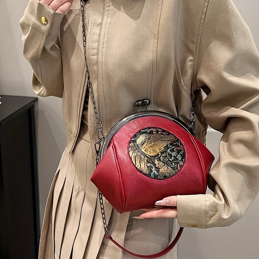 

Vintage Elephant Embossed Red Crossbody Bag For Women - Stylish Shoulder Purse With Chain Strap, Kiss Lock Closure, Casual Or Formal