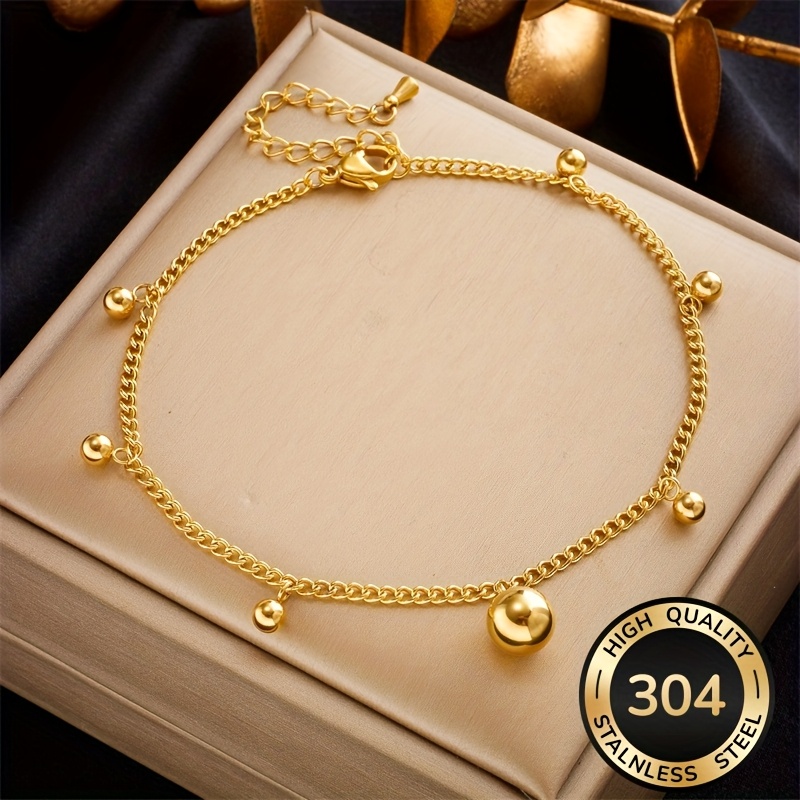 Image of 304 Stainless Steel Ankle Chain, , Round Bead Pendant, Style, Suitable For Wearing All Year Round, Women's Ankle Chain