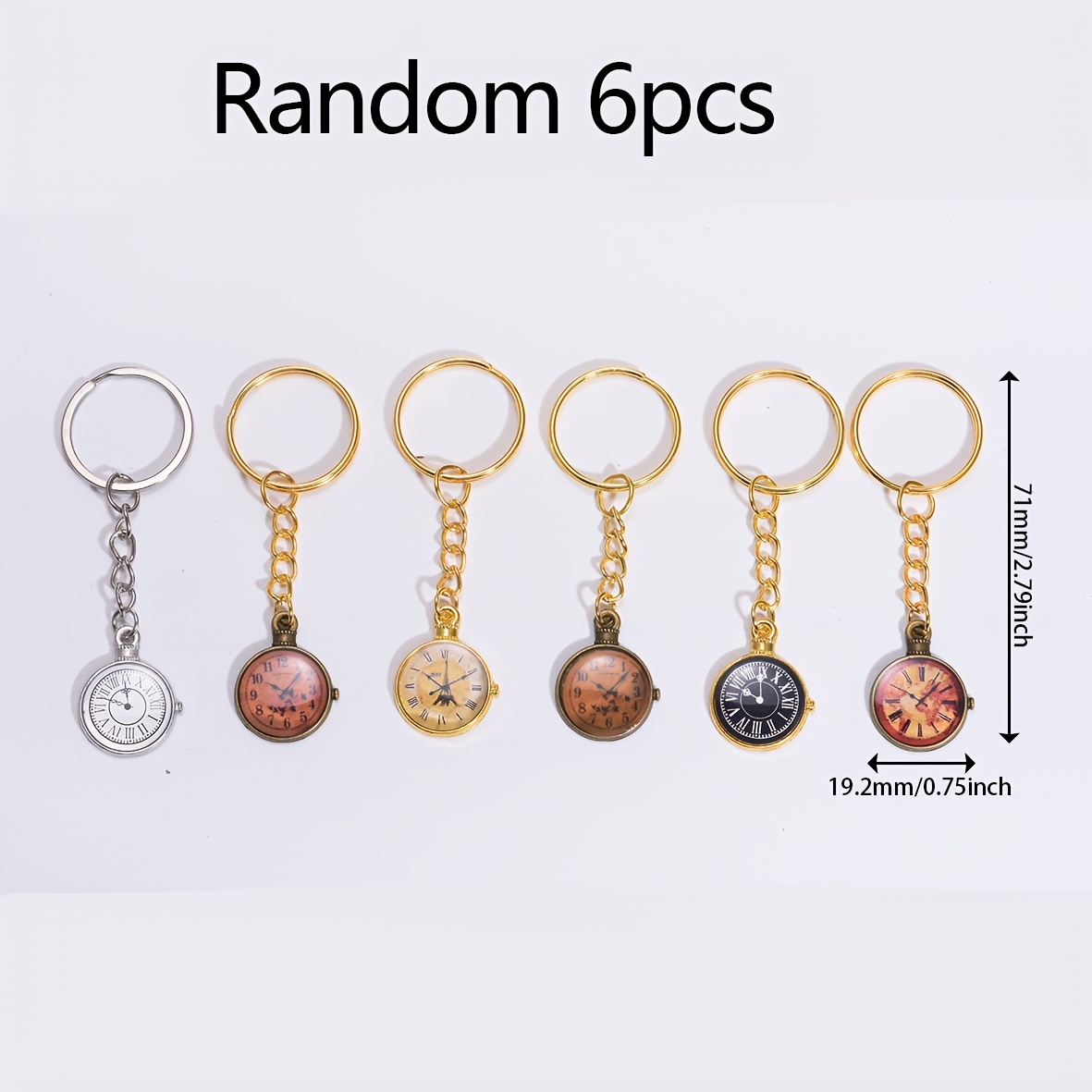 TEMU 6pcs Porte-clés Montre de poche Vintage Aléatoires Horloge Plaque Ronde Pendentif Chaîne en Alliage Non Rotative Sac Ornament de Suspension