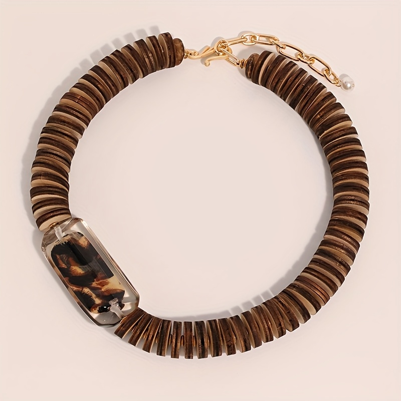 Brown Retro Wooden Beaded Necklace with Leopard Print Decoration
