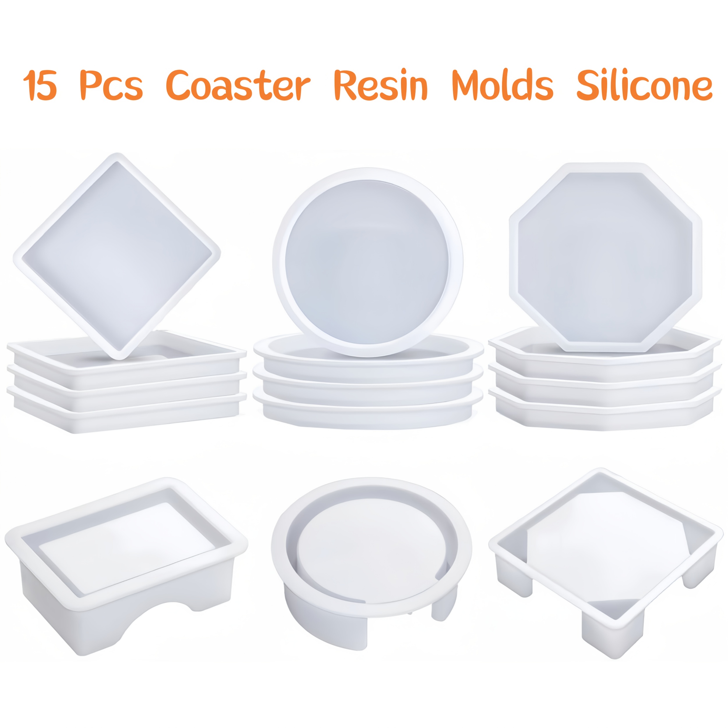 TEMU Ensemble de 15 moules à résine pour dessous de verre, moules en silicone pour dessous de verre, avec moules de support ronds, carrés ou