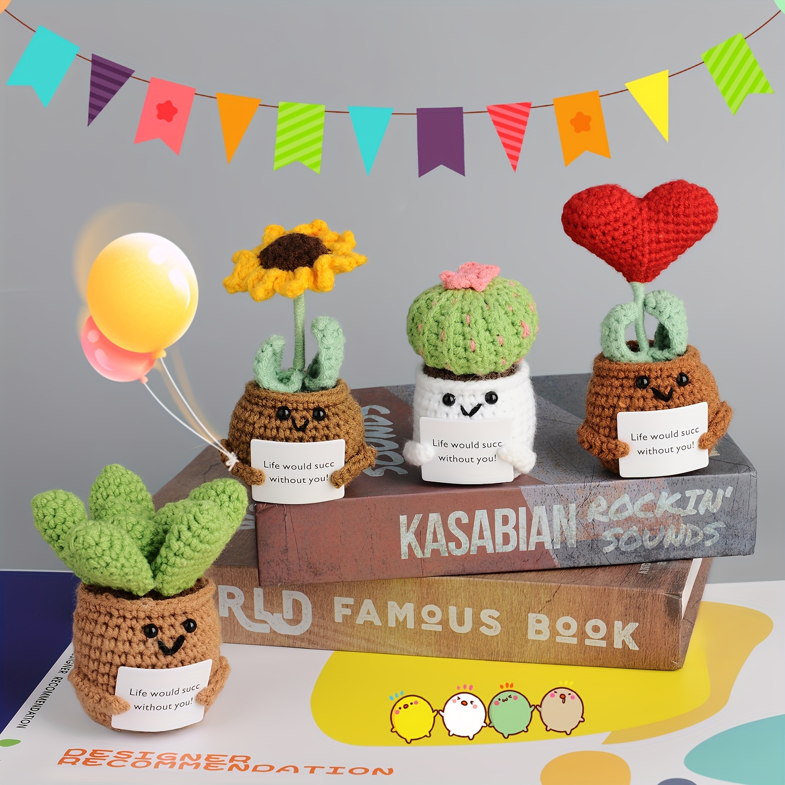 

4 Piece Set Positive Sunflower, Succulent, Heart Potted, Prickly Pear New Decorations, Cute Creative Hand Woven Positive Energy Decorative Cards Beautiful Home Party Emojis