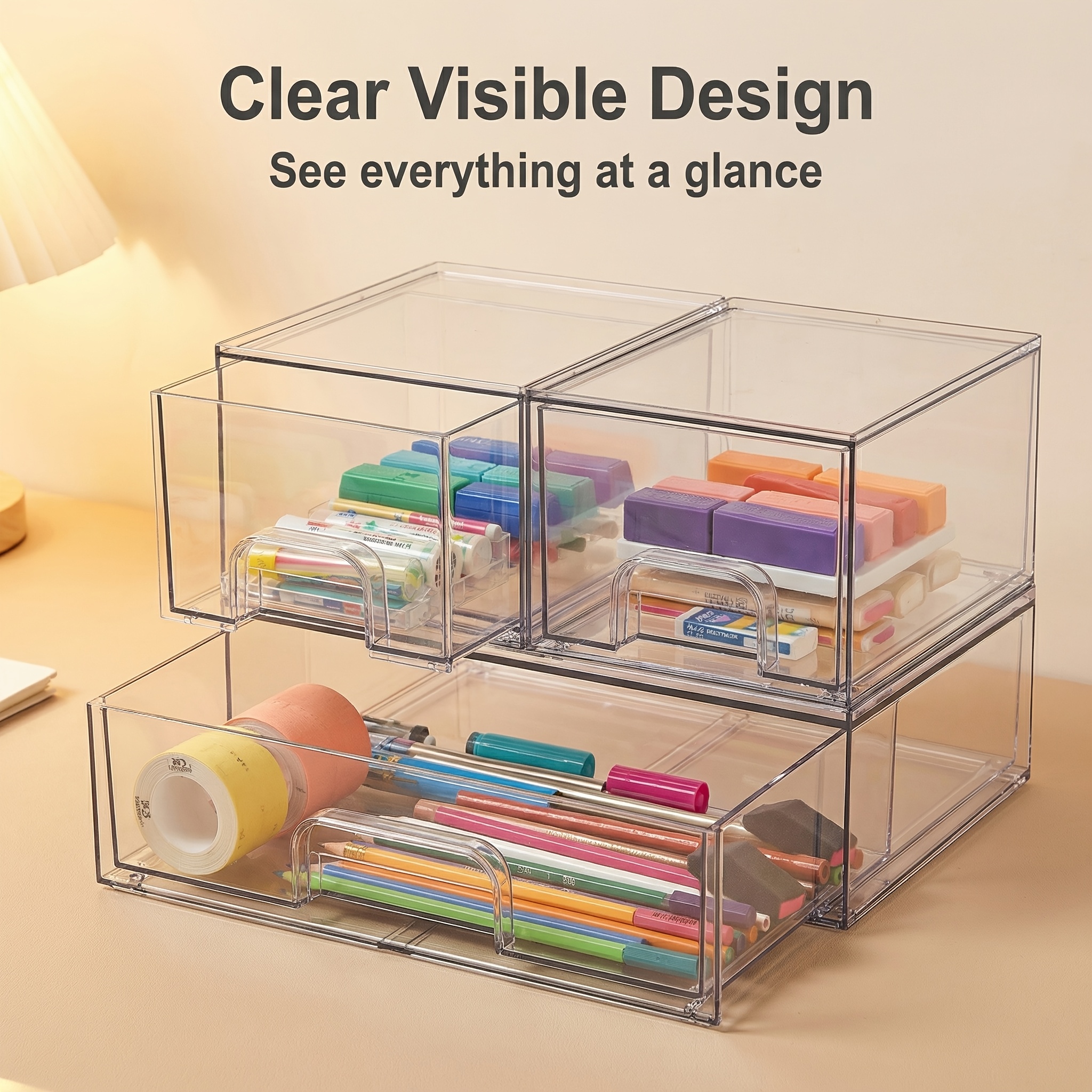 3/5 Pack Clear Stackable Plastic Storage Drawers, Small Acrylic Desk Drawer Organizer For Office Supplies, Desktop & Cabinet Home Organization Box