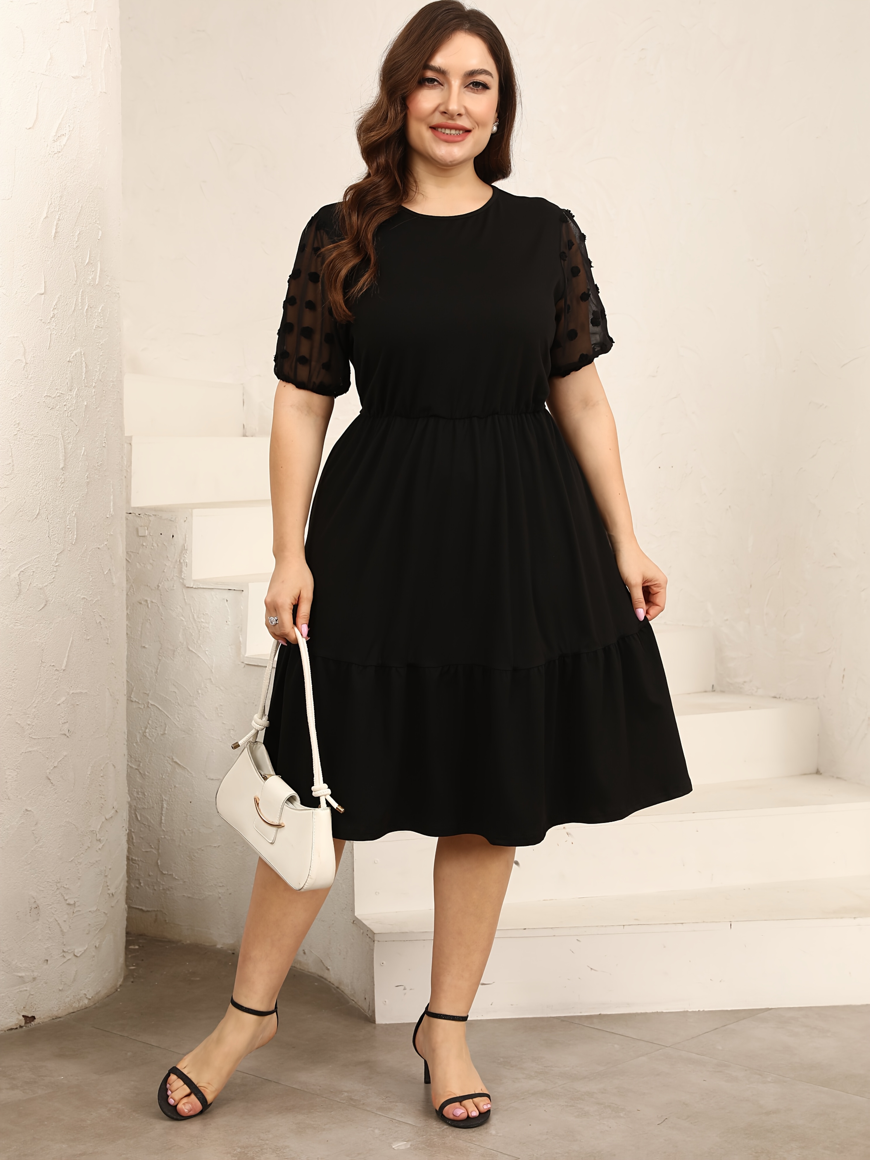 Plus Size Elegant Crew Neck Dress with Contrast Lace Detail Polyester and  Spandex Blend, Solid Color Chiffon Short Sleeve Knit Fabric