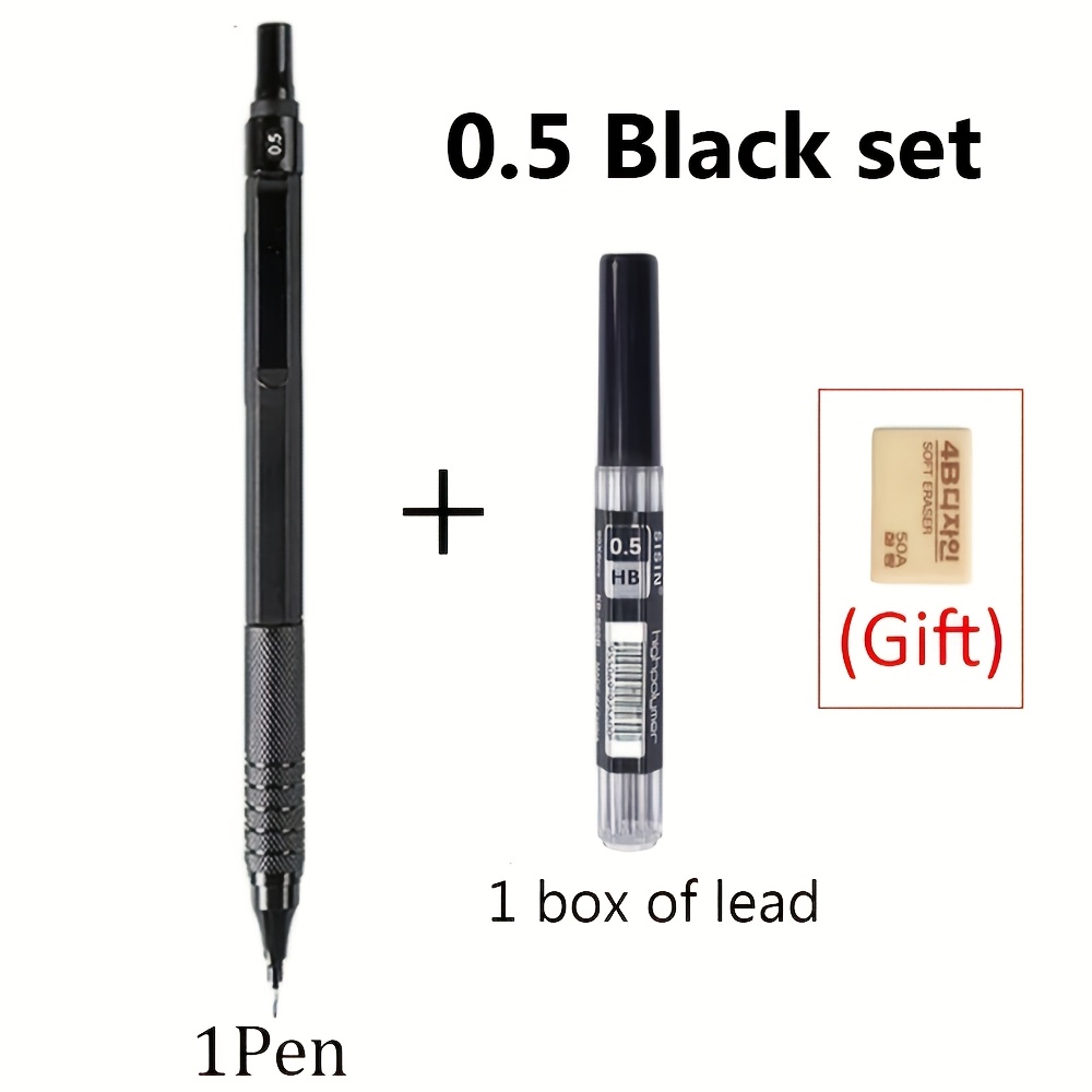 E-shop Hochwertiger Metall-Bleistift in Schwarz/Silber, Automatik, 0,3/0,5/0,7/0,9/2,0 mm HB-Mine, geeignet für professionelle Kunsthandzeichnungen
