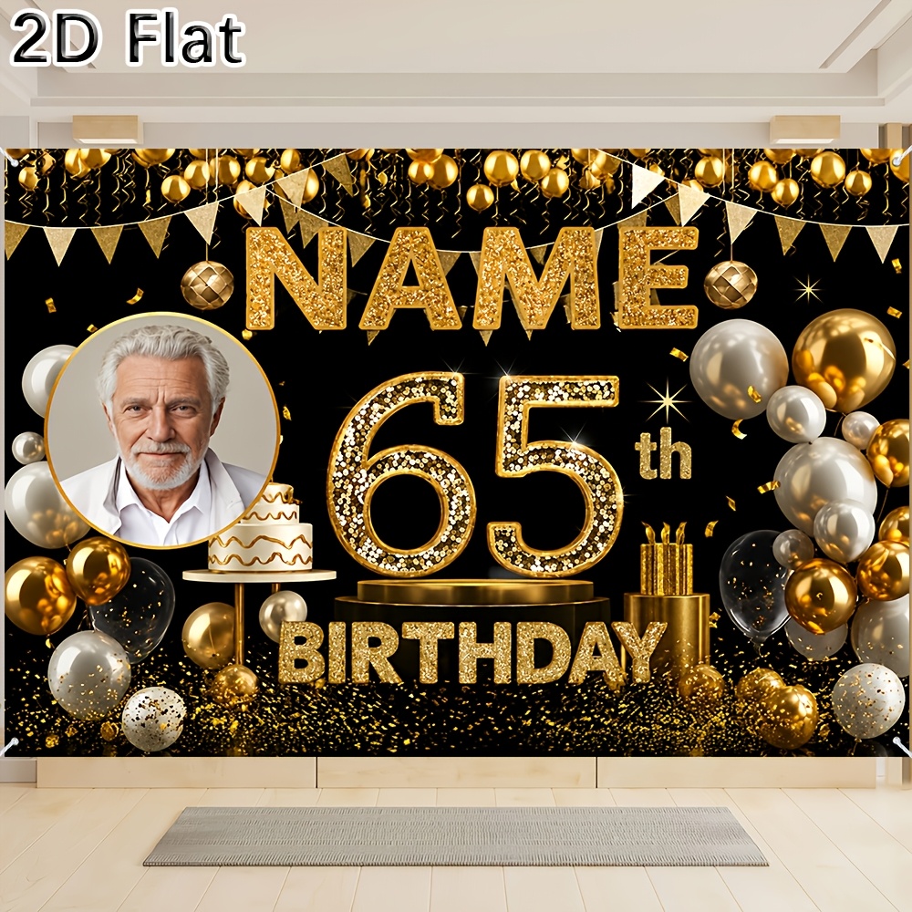 TEMU 2d Flat, 1pc [2d Flat] Banner Customizable 65th Birthday Decorations With Personalized Name Photo Glittery Balloons Bunting For Men's Birthday