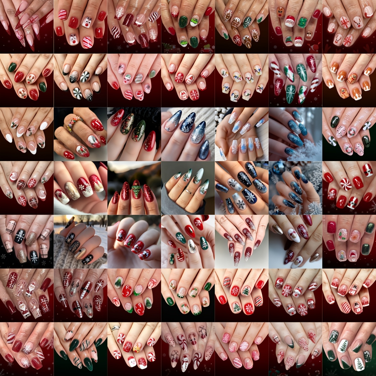 TEMU 216pcs Of Christmas Fake Nails. Random Style And Shape. Designs Featuring Snowflakes, Christmas Trees, Santa Claus, And Other Holiday Elements.