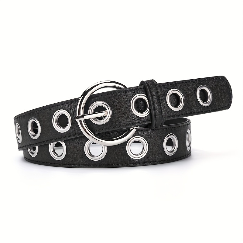 Image of 1-pack Women's Pu Hollow-out Large Round Eyelet Punk Style Belt, Jeans Decorative Belt
