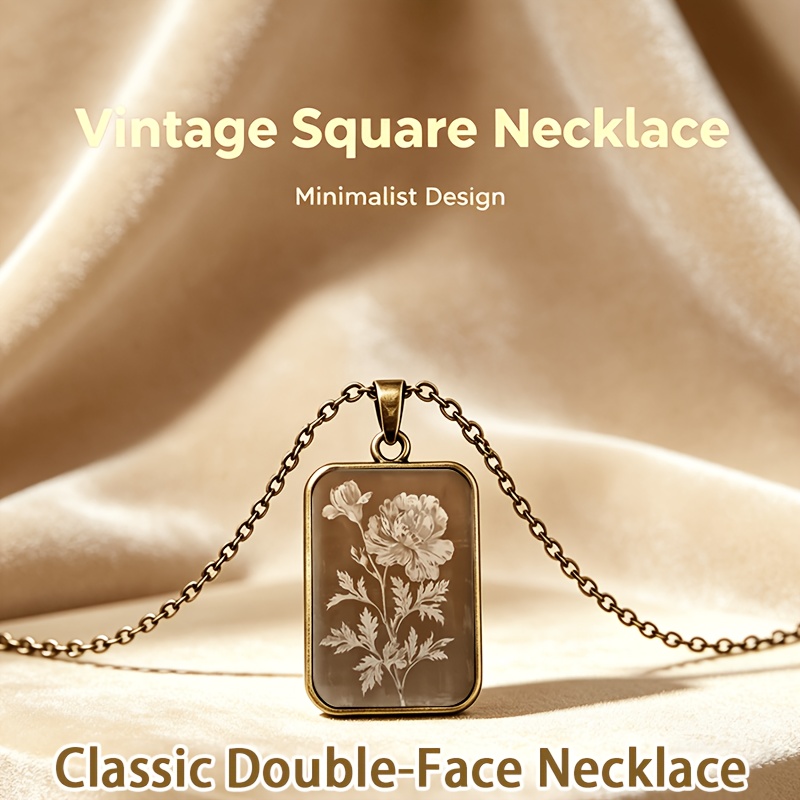 TEMU 1pc Antique Square Transparent Glass Base Classic Creative Necklace/pendant, Featuring A Simple And Elegant Design Floral Pattern On A Brown