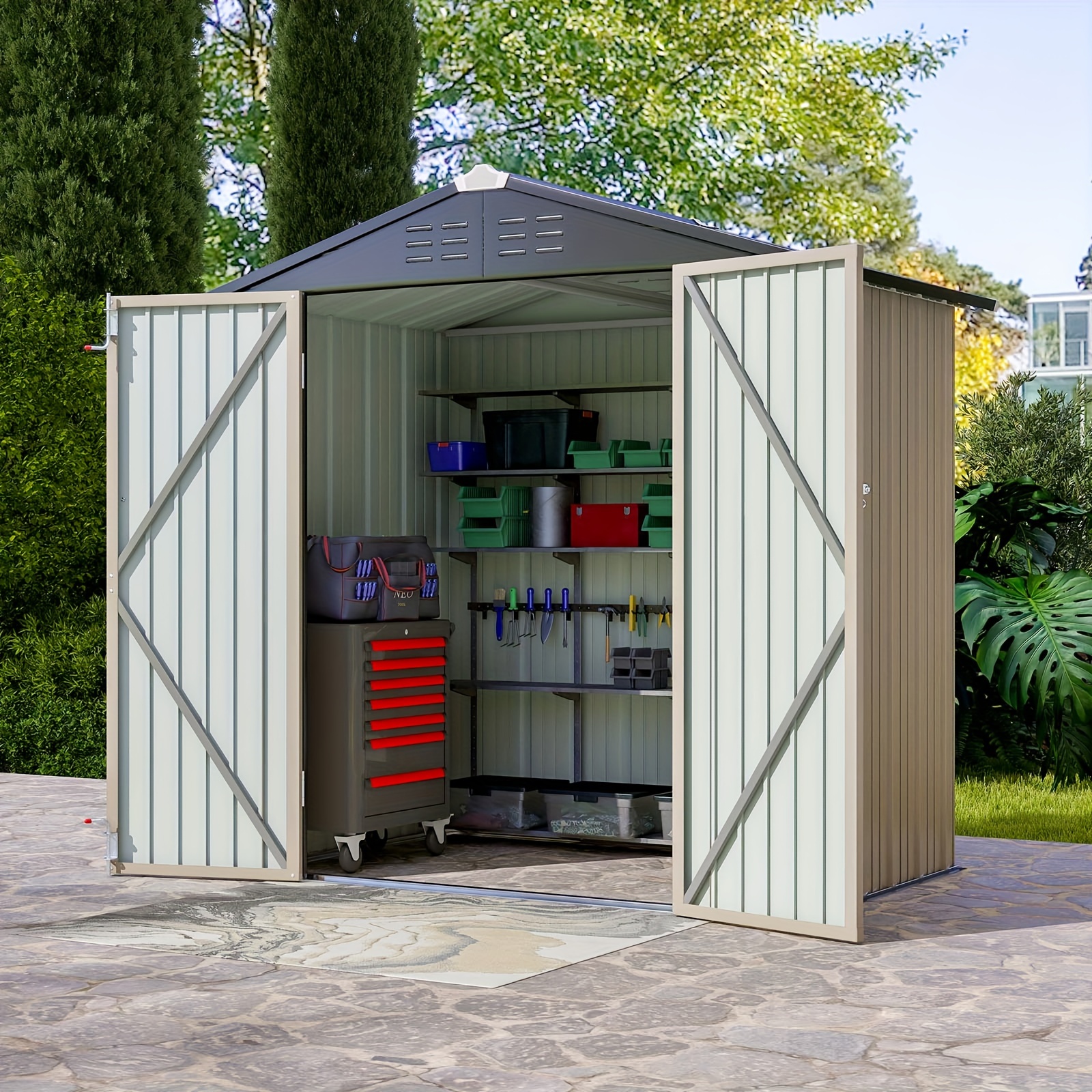 

6x4 Ft Outdoor Storage Shed, Metal Garden Tool Storage Shed With Sloping Roof And Double Lockable Door, Outdoor Shed For Garden Backyard Patio Lawn