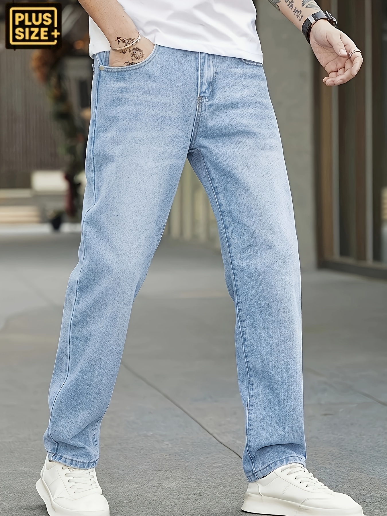 Men'S Plus Size Comfort Stretch Straight-Leg Jeans - Light Blue Washed Denim, Loose Fit Casual Pants with Button Closure, All-Season Wear, Comfortable Clothing | Straight Leg Jeans | Medium Elasticity
