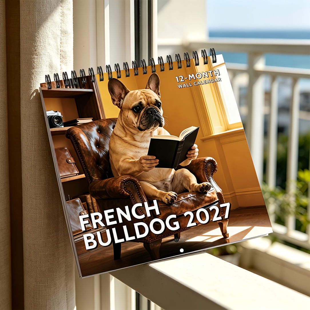 TEMU 2027 Wall Calendar, 2027 French Bulldog Fun Aesthetic Design Folding Hanging Calendar Planner, 12-month Large Grid Layout, Monthly Photos And