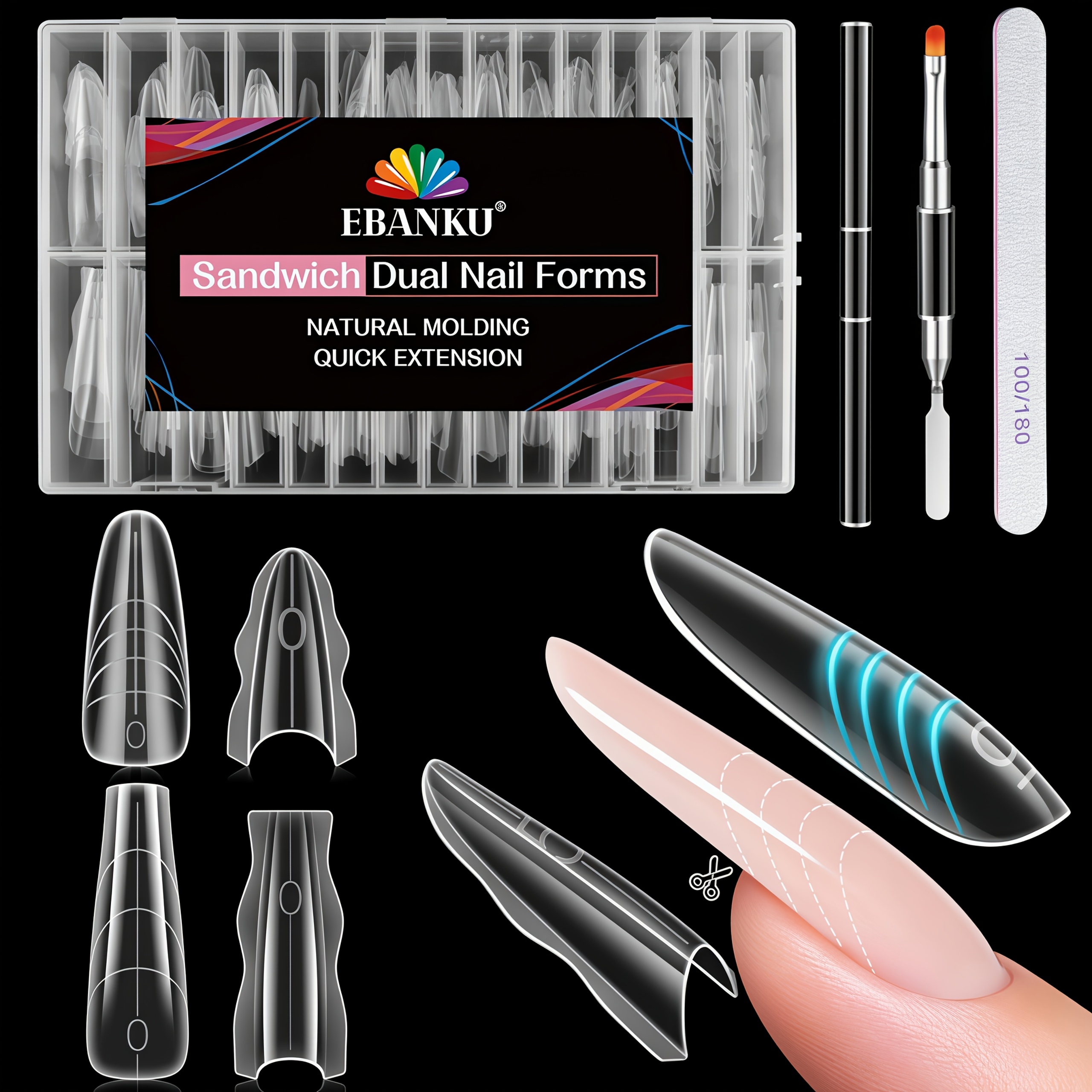 240pcs Ebanku Reusable Nail Forms Suitable For Coffin/oval Press- Extensions, Nail Tips With Guide Lines & Side Locking Clips, Stable Control For Gel Polish Builder Nails For Use