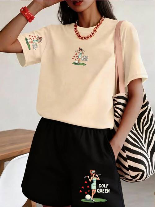 2pcs set fashionable and elegant womens golf queen showcasing sporty charm a round neck short sleeve t shirt and pocket shorts in multiple colors and sizes casual sporty fit with stretchable fabric