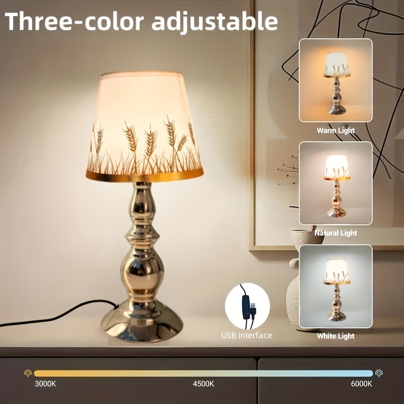 Dimmable USB Lamp with Metal Base and Cloth Wheat Shade