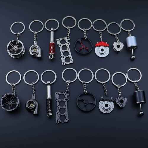 Artikelbild 8 stück modische schlüsselanhänger aus zinklegierung für die automodifikation, verschiedene designs von autoteilen mit bremsscheibe, schalthebel, radnabe, turbolader, , stoßdämpfer, motorteil, - einzigartige geschenk-schlüsselanhänger für autoenthusiasten