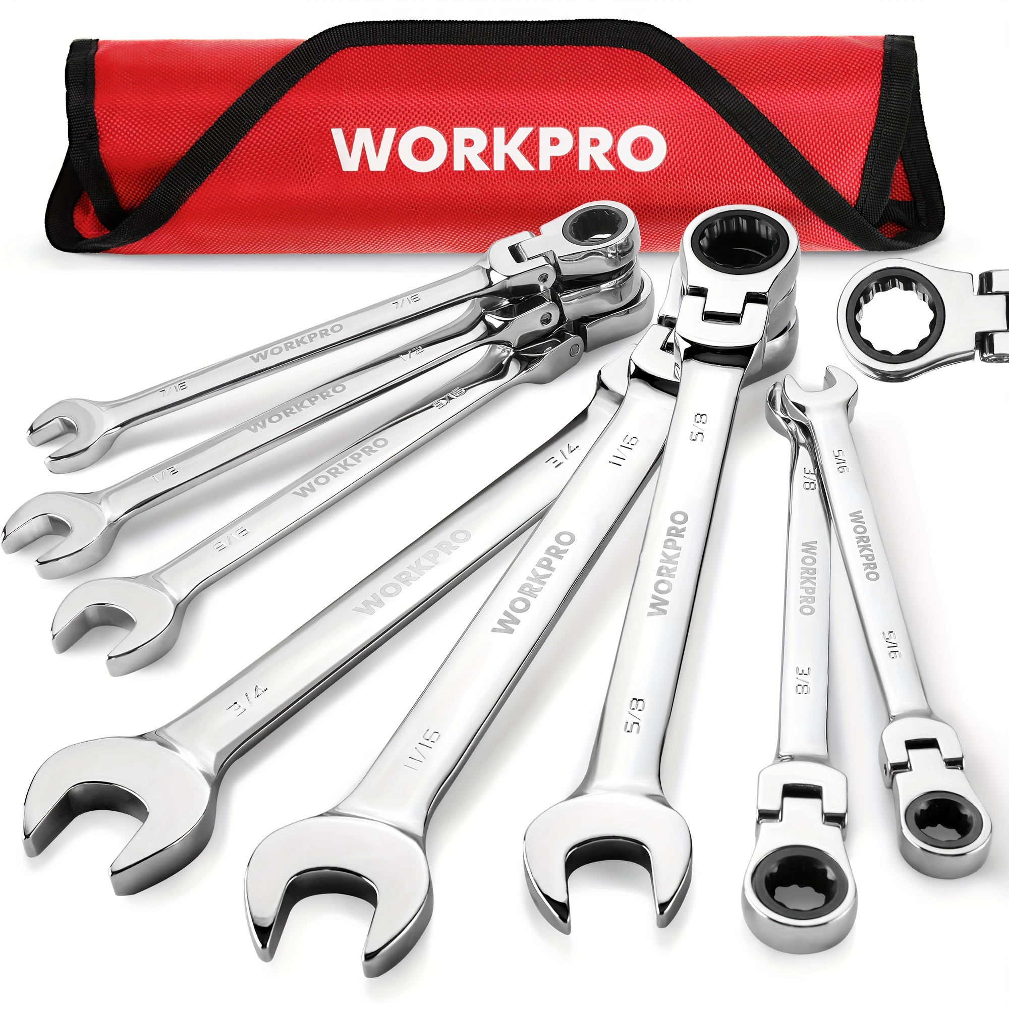 

Workpro 8-piece Flex-head Ratcheting Combination Wrench Set, Sae 5/16-3/4 In, 72-teeth, Cr-v Constructed, Mirror Polished Chrome Plated With Roll Up Pouch