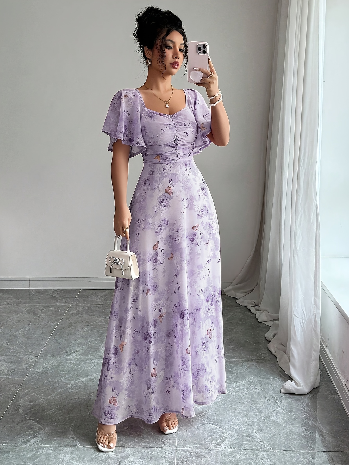 women's elegant a-line chiffon dress with three-quarter sleeves, bow tie  waist & floral print - high neck semi-sheer long dress for spring/summer,  machine washable, cute dress, wedding guest attire, delicate aesthetic, soft