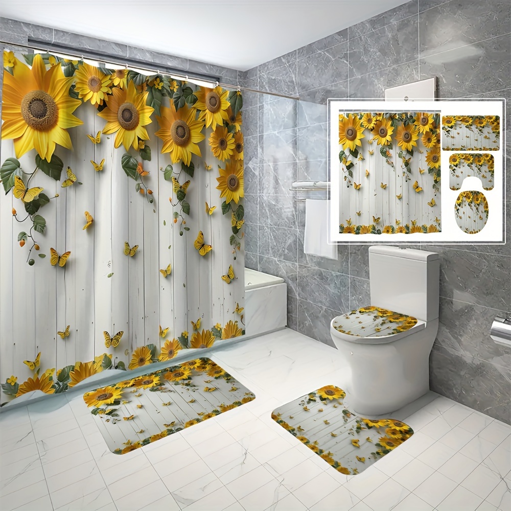 

4pcs Sunflower Wooden Bathroom Curtain Digital 3d Printed Waterproof Shower Curtain Set Bathroom Curtain No Perforation Shower Curtain