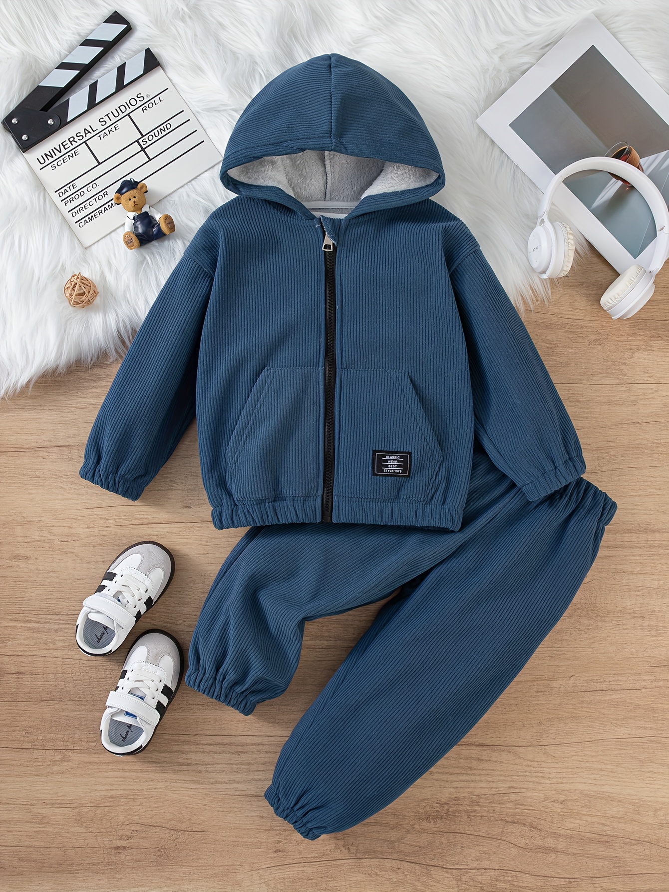 Conjunto de Jaqueta e Calça Corduroy com   para Meninos, Idades 3-9, Moletom Forrado em Fleece Com Zíper, Estilo   Casual Ideal Para Uso ao Ar Livre no Outono/Inverno