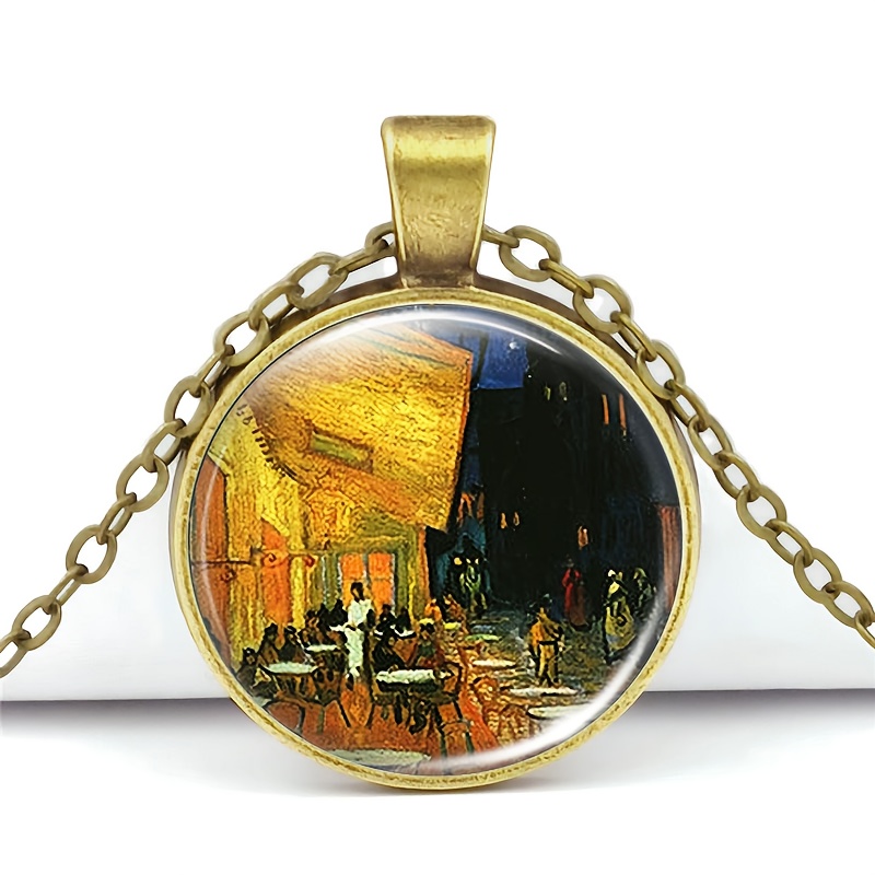 Brown Metal Classic Chain Necklace with Café Scene Inlay