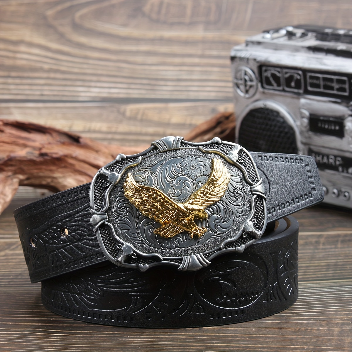 TEMU -style Eagle Buckle Belt For Men And Women - Pu With Print And - Unisex Size