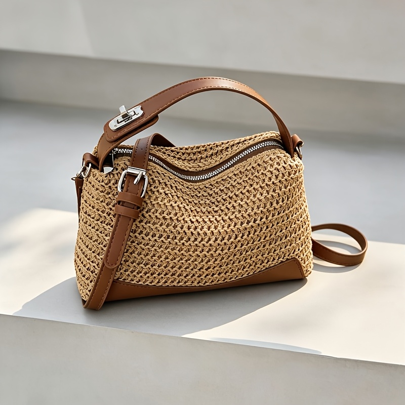 TEMU Borsa a spalla singola da donna, borsa retr簷 in paglia, corpo intrecciato con patchwork, corto con chiusura a , tracolla regolabile staccabile ,